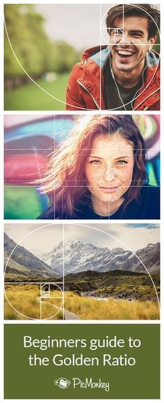 a man and woman are smiling in front of mountains with the words beginners guide to the golden ratio