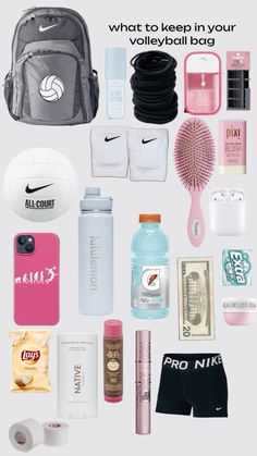 the contents of a backpack are shown in this graphic style, including water bottles, toiletries and other items