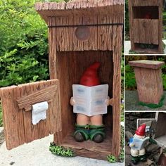 there is a small wooden box with a gnome reading a book and another photo of the inside