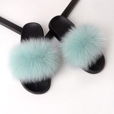 mint fox fur fluffy slides slippers for ladies with black rubber soles Fluffy House Shoes, Fur Sandals, European Shoes, Slides Slippers, Fashion Slippers, Fur Slippers, Cute Sandals, Caramel Color, Slipper Sandals