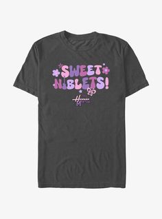 a black t - shirt with the words sweet nubblets printed in pink and purple