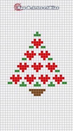 a cross stitch christmas tree with red, green and white squares on the bottom half