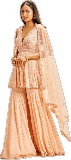 Luxury Georgette Peplum Sharara, Fitted Peach Sharara For Festive Occasions, Fitted Peach Sharara With Pallu, Fitted Peach Sharara With Sheer Dupatta, Luxury Semi-stitched Peach Sharara, Peplum Sharara, Georgette Sharara, Peach Fabric, Sharara Set