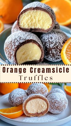 Orange Creamsicle Truffles Orange Chocolate Truffles, Orange Cream Truffles, Orange Cream Chocolates, Orange Truffles Recipe, Orange Creamsicle Truffles, Mini Desserts For Parties, Creamsicle Truffles, Orange Truffles, White Chocolate Filling