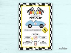 a race car birthday party card with the numbers two fast on it's side