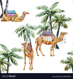 seamless pattern with camels and palm trees in watercolor style on white background