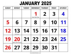 a calendar for january with the holidays in red, white and blue numbers on it