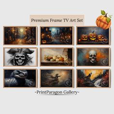 the pumpkin frame tv art set is shown in various sizes and colors, with an image of