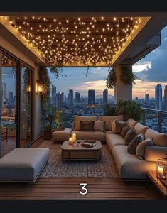 a living room filled with lots of furniture under a string light covered roof over a cityscape