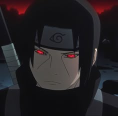 an anime character with red eyes and black hair, holding a knife in his hand