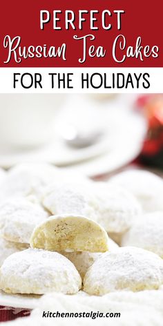 russian tea cakes with powdered sugar on top and the words perfect russian tea cakes for the holidays