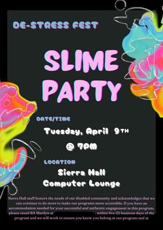 a flyer for a party with an image of a woman's face and the words slime party on it