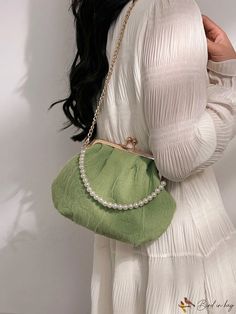 BirdinBag - Ruched Medium Bag with Kiss Lock, Chain Strap, and Faux Pearl Embellishment Elegant Clutch As Fashion Accessory For Spring, Elegant Spring Fashion Accessory Clutch, Elegant Spring Evening Bag With Chain Strap, Elegant Green Bag With Pearl Handle, Elegant Spring Bags With Chain Detail, Ruched Bag, Pearl Chains, Lock Chain, Medium Bag