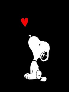 a snoopy dog with a red heart floating above it's head on a black background