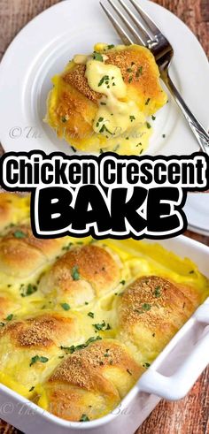 chicken crescent bakes in a casserole dish on a plate with a fork