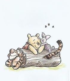 winnie the pooh and tigger laying down on a log with their stuffed animals