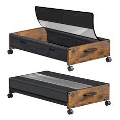 two wooden drawers with wheels are shown side by side, one is open and the other has