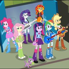 several cartoon characters are standing together in front of a stage with guitars and microphones