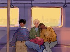 three people sitting on a subway car looking out the window