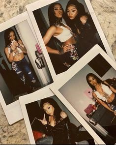 four polaroid photos of two women standing next to each other and one holding a cell phone