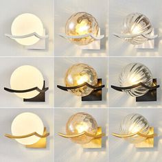 eight different types of seashells with lights on each one and the other side