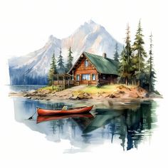 a painting of a boat in front of a cabin on the water with mountains behind it