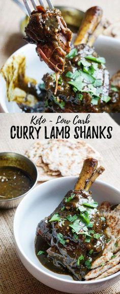 two plates with food on them and the words curry lamb shanks