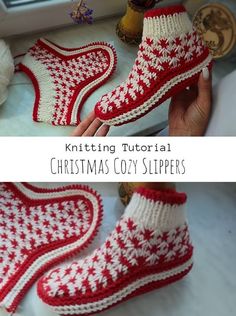 two pictures showing the steps to crochet christmas cozy slippers with text overlay that reads, knitting tutor christmas cozy slippers