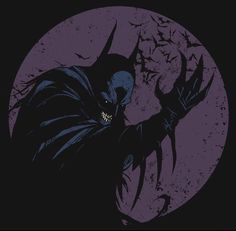 the dark knight is holding his fist up in front of a full moon with bats