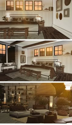 three different views of a living room with couches and tables