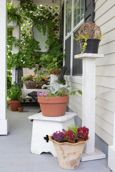 two potted plants are sitting on the porch