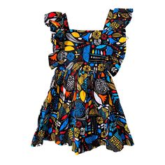 Brighten up your little one's wardrobe with this beautifully vibrant, open back African print dress! Featuring a playful mix of bold colors and intricate patterns, this dress is perfect for any occasion.  The ruffled sleeve adds a charming touch, while the full skirt ensures your child can twirl with ease. Made from lightweight, breathable fabric, it's comfortable for all-day wear. Perfect for summer outings, parties, or cultural celebrations. Style it with cute sandals or sneakers for a complet Fun Multicolor Sundress For Vacation, Summer Floral Print Dress For Playdate, Multicolor Fun Dress For Vacation, Fun Multicolor Dress For Vacation, Fun Multicolor Print Dress For Vacation, Fun Printed Beach Dress, Colorful Printed Vibrant Dresses, Colorful Playful Sleeveless Dress, Colorful Sleeveless Playful Dress