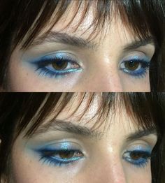 @8374639828 on reddit Blue Makeup Inspiration, 90s Makeup Inspiration, Donni Davy Makeup, Puffy Eye Makeup, Mama Mia Makeup, Funky Eyeshadow, Blue Liner Makeup Look, Smokey Blue Eyeshadow, Funky Eye Makeup