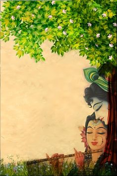 a painting of a woman holding a flute under a tree with leaves and flowers on it