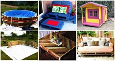 different types of outdoor furniture made out of pallet wood and painted in various colors