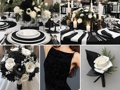 a collage of black and white wedding decor with flowers, candles, napkins