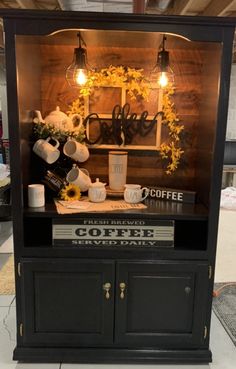 a display case with coffee items on it