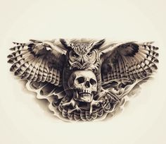 an owl and skull tattoo design on the back of a man's arm,