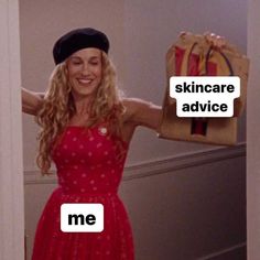 a woman in a red dress holding a brown bag with words on it that say skincare advice and me