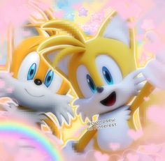 sonic and tails are hugging in front of a rainbow - colored background with the same image