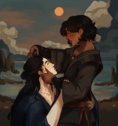 a painting of two people standing next to each other with the moon in the background