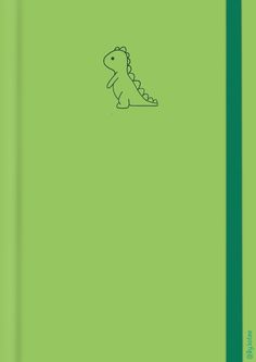 a green notebook with a drawing of a dinosaur on it