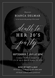 a black and white flyer for a party with a skull in the middle, on a gray background