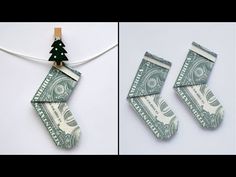 dollar bill origami christmas stockings hanging on a string