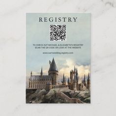 a business card with an image of hogwart's castle and qr code