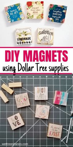 diy magnets using dollar tree supplies on a cutting mat with text overlay that reads, diy magnets using dollar tree supplies