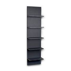 an empty black shelf against a white wall