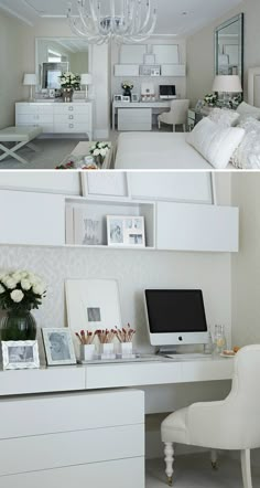 two pictures of a bedroom with white furniture and decor on the walls, one has a desk