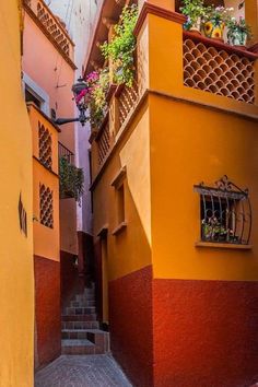 an alleyway with colorful buildings and flowers on the balconies