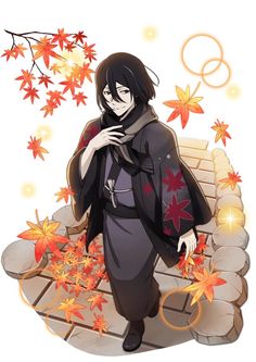 an anime character is standing in front of some autumn leaves and holding his hands together